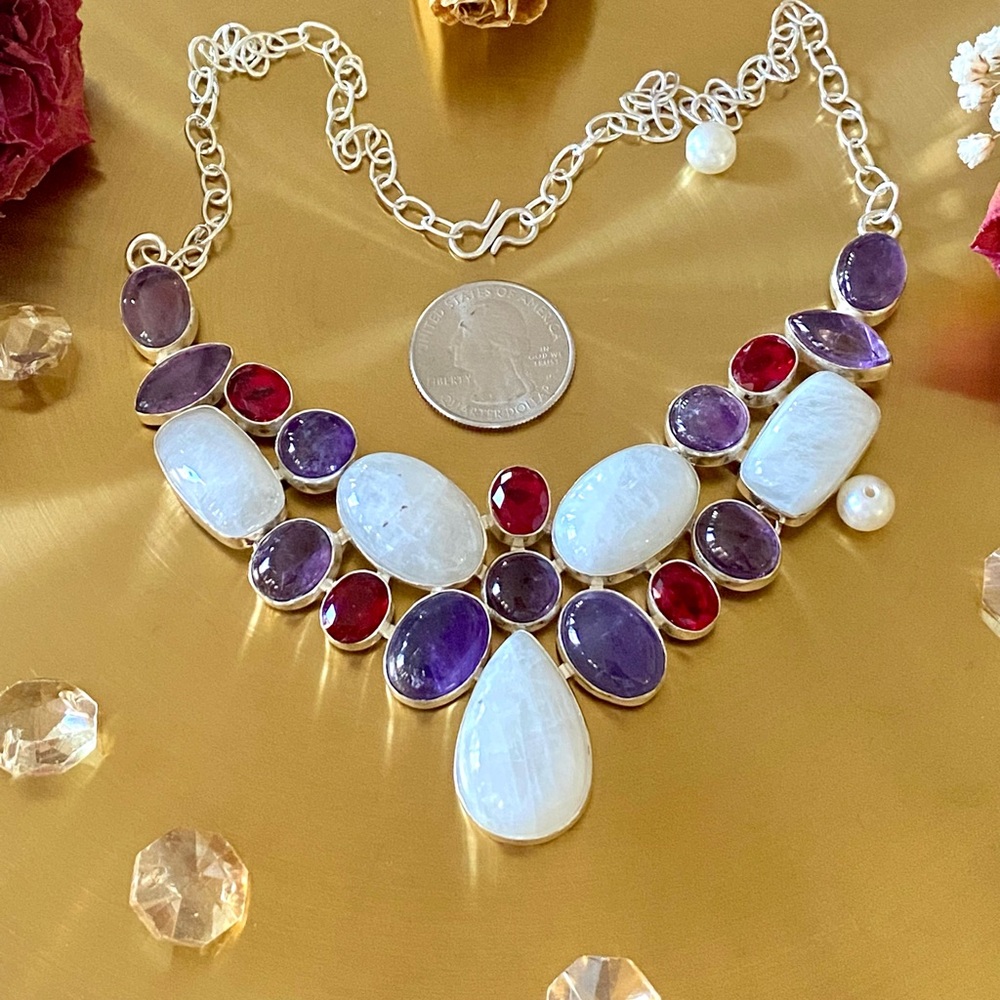 Rainbow Moonstone, Amethyst And Garnet Cluster Necklace - Picture 9 of 13